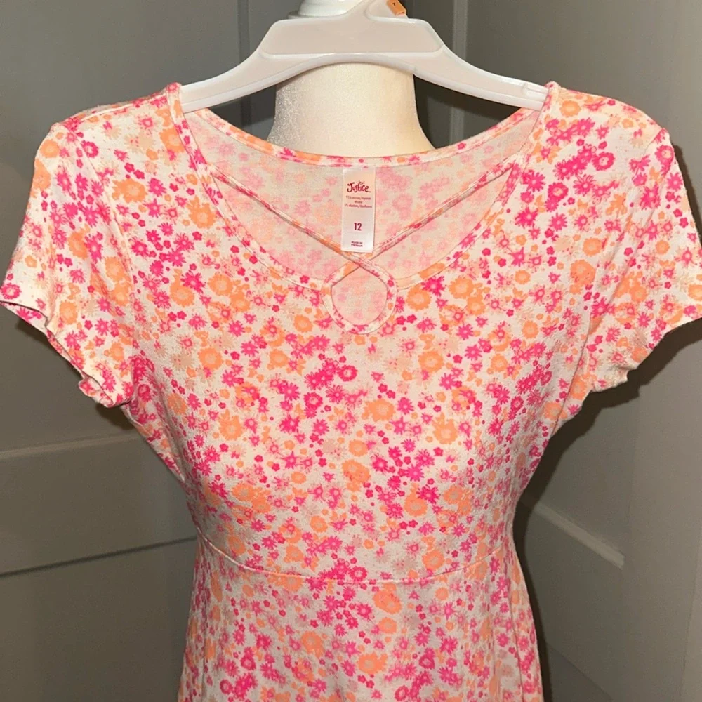 Girls Justice Pink, Orange & White Crisscross Floral Sundress – Size 12